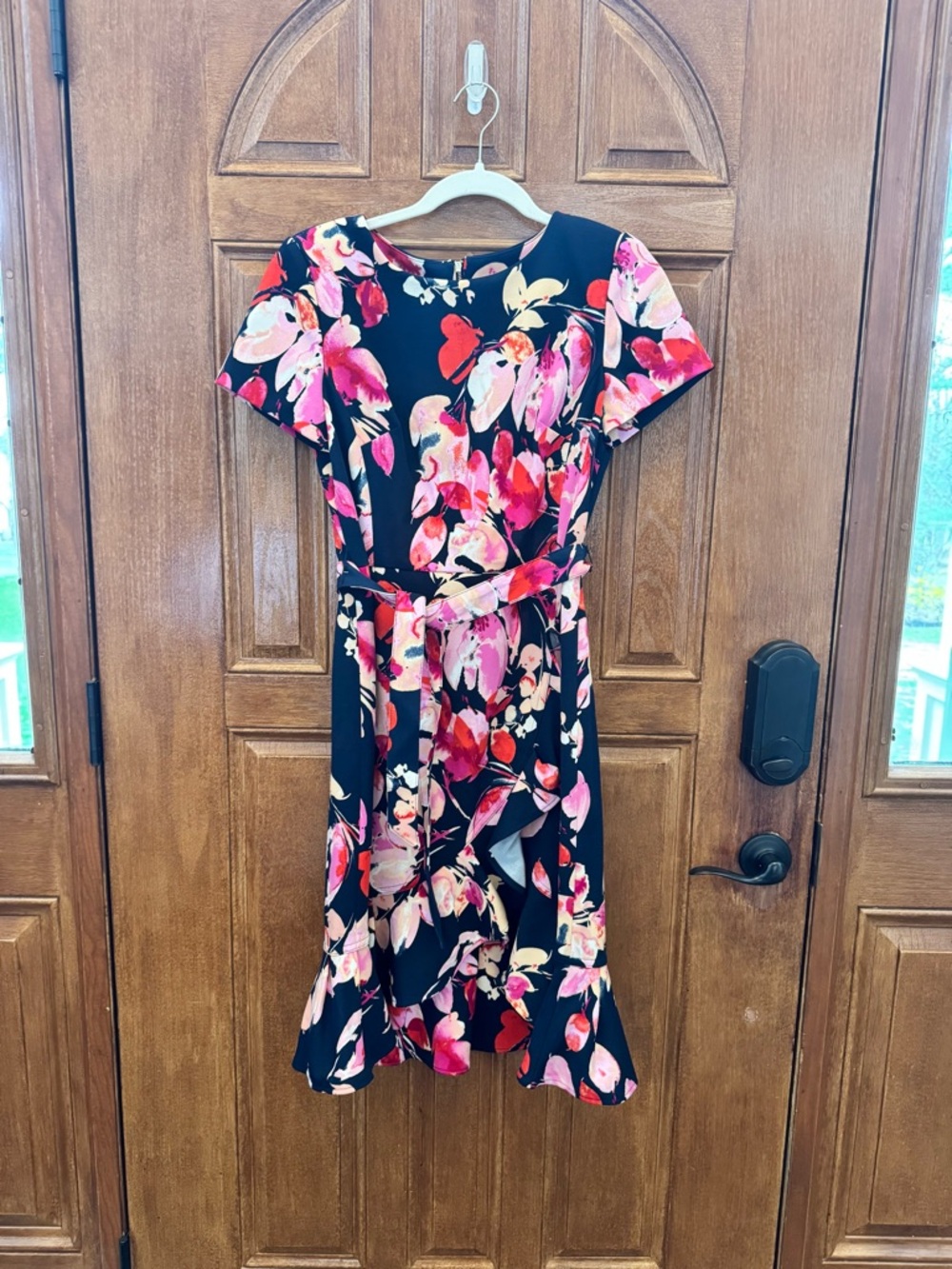 Calvin Klein Floral A-Line Belted Dress in Navy and Pink